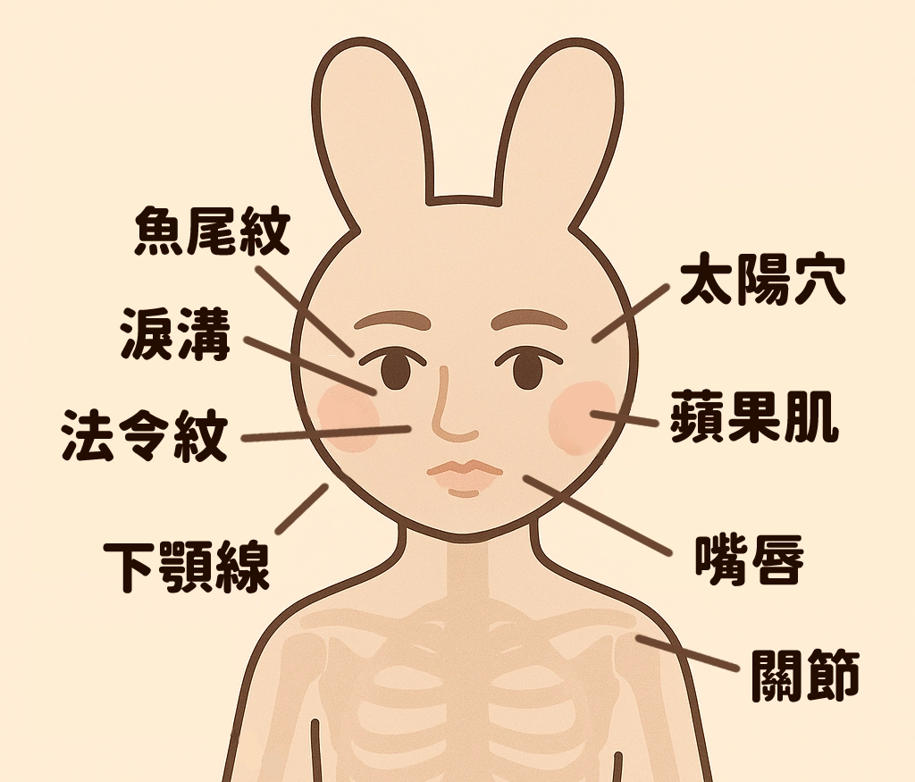 <img src="bunny-filler-areas.png" alt="A cartoon bunny with a transparent body showing common hyaluronic acid injection areas labeled in Chinese. These include crow’s feet, tear troughs, nasolabial folds, jawline, temples, cheeks (apple muscle), lips, and joints. This infographic helps explain typical treatment zones in a cute, easy-to-understand way.">