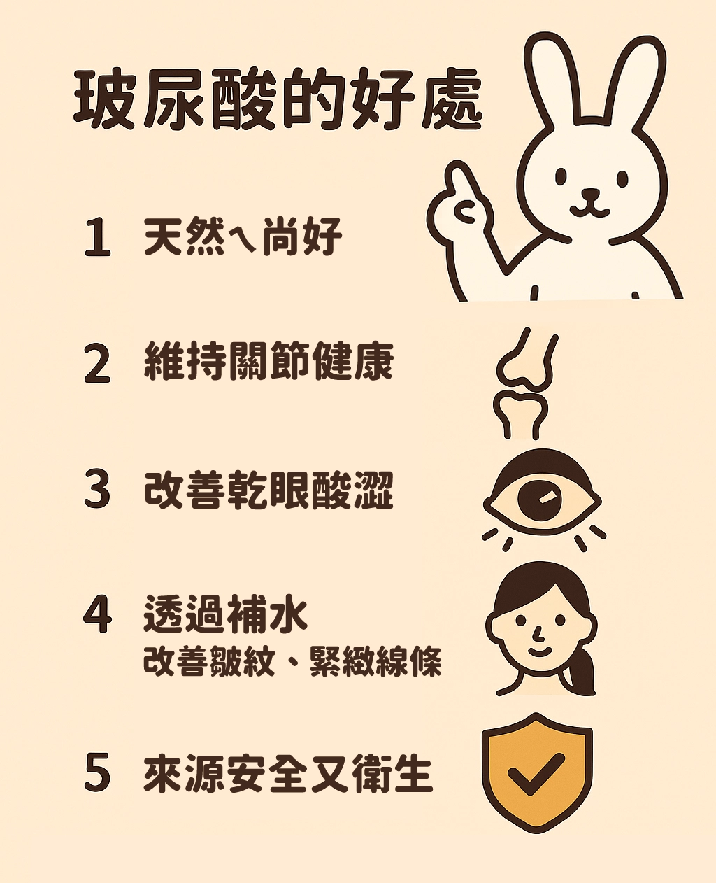 <img src="hyaluronic-acid-benefits.jpg" alt="Cute bunny lists 5 hyaluronic acid benefits: natural, joint support, dry eye relief, skin hydration for fine lines, and safe sourcing.">