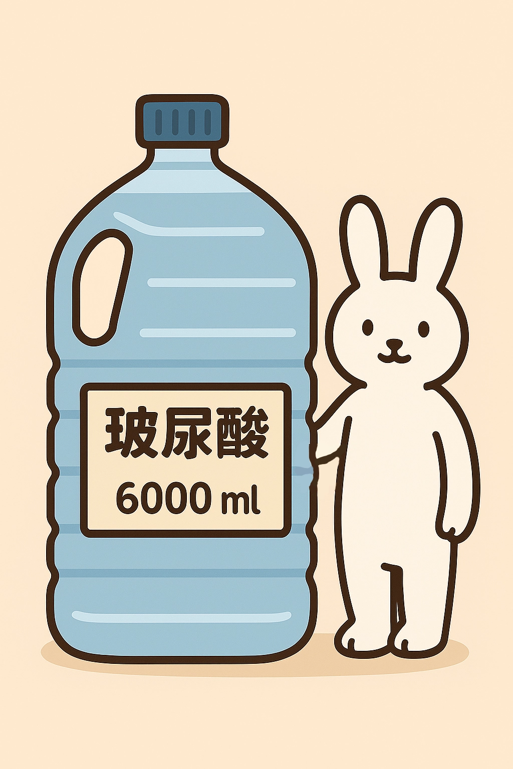 <img src="hyaluronic-acid-volume.jpg" alt="A cartoon bunny stands next to a giant 6000ml water jug labeled 'Hyaluronic Acid', humorously illustrating how much hyaluronic acid the human body naturally contains.">