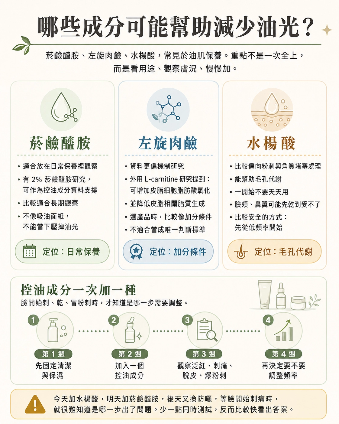 菸鹼醯胺、左旋肉鹼、水楊酸常被用在油肌保養。