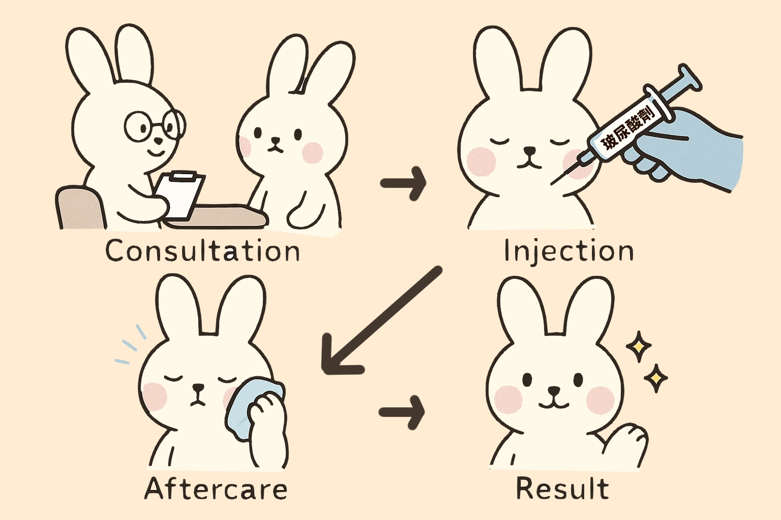<img src="hyaluronic-treatment-steps.jpg" alt="A step-by-step illustration using cartoon bunnies to explain the hyaluronic acid injection process: First, a bunny consults with a doctor. Then, the bunny receives the injection. Afterward, it gently applies a cold compress for aftercare. Finally, the bunny looks refreshed and happy with sparkling results. This visual metaphor helps readers quickly understand the treatment process.">