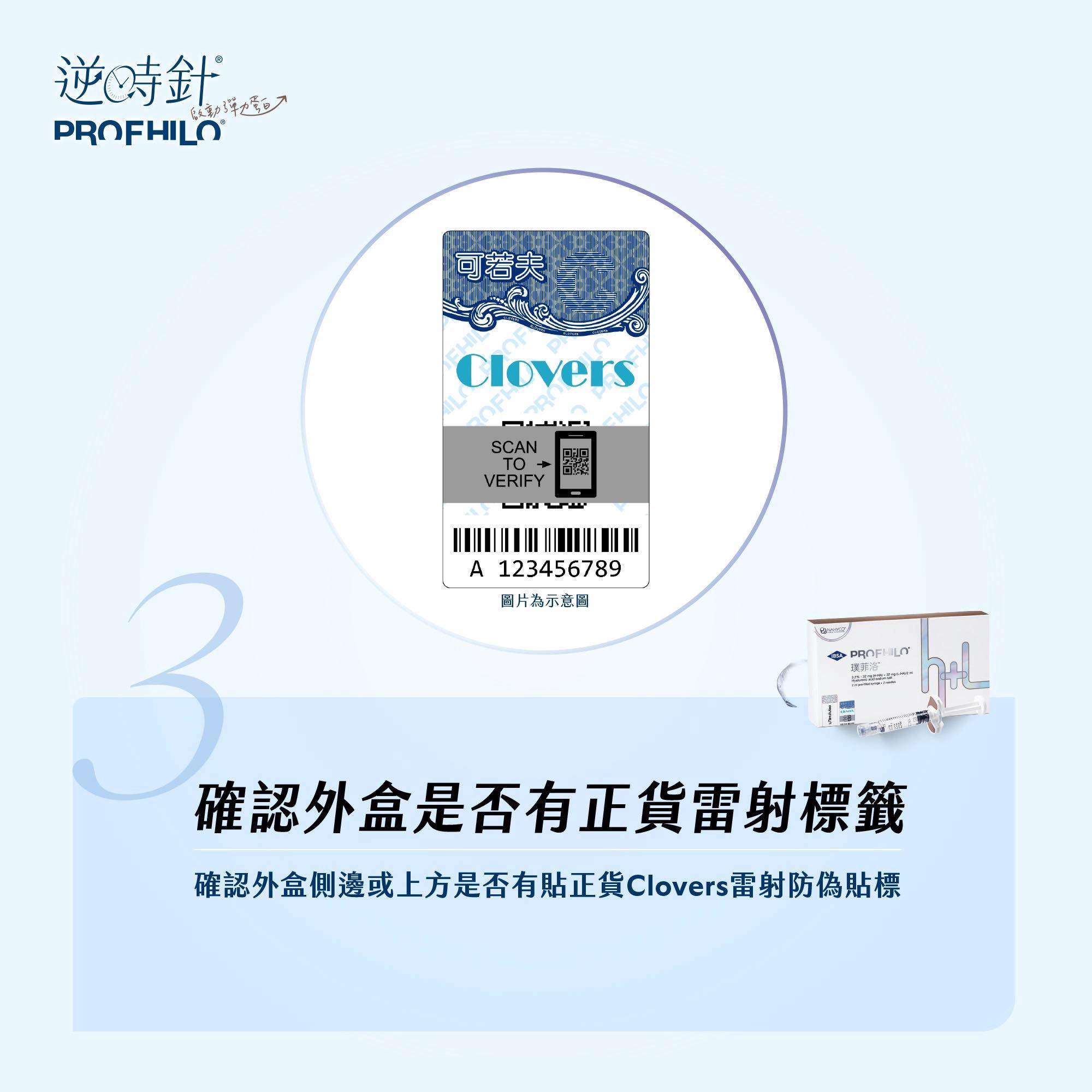 逆時針辨識正貨第三步：確認外盒是否貼有專屬防偽標籤（QR Code）