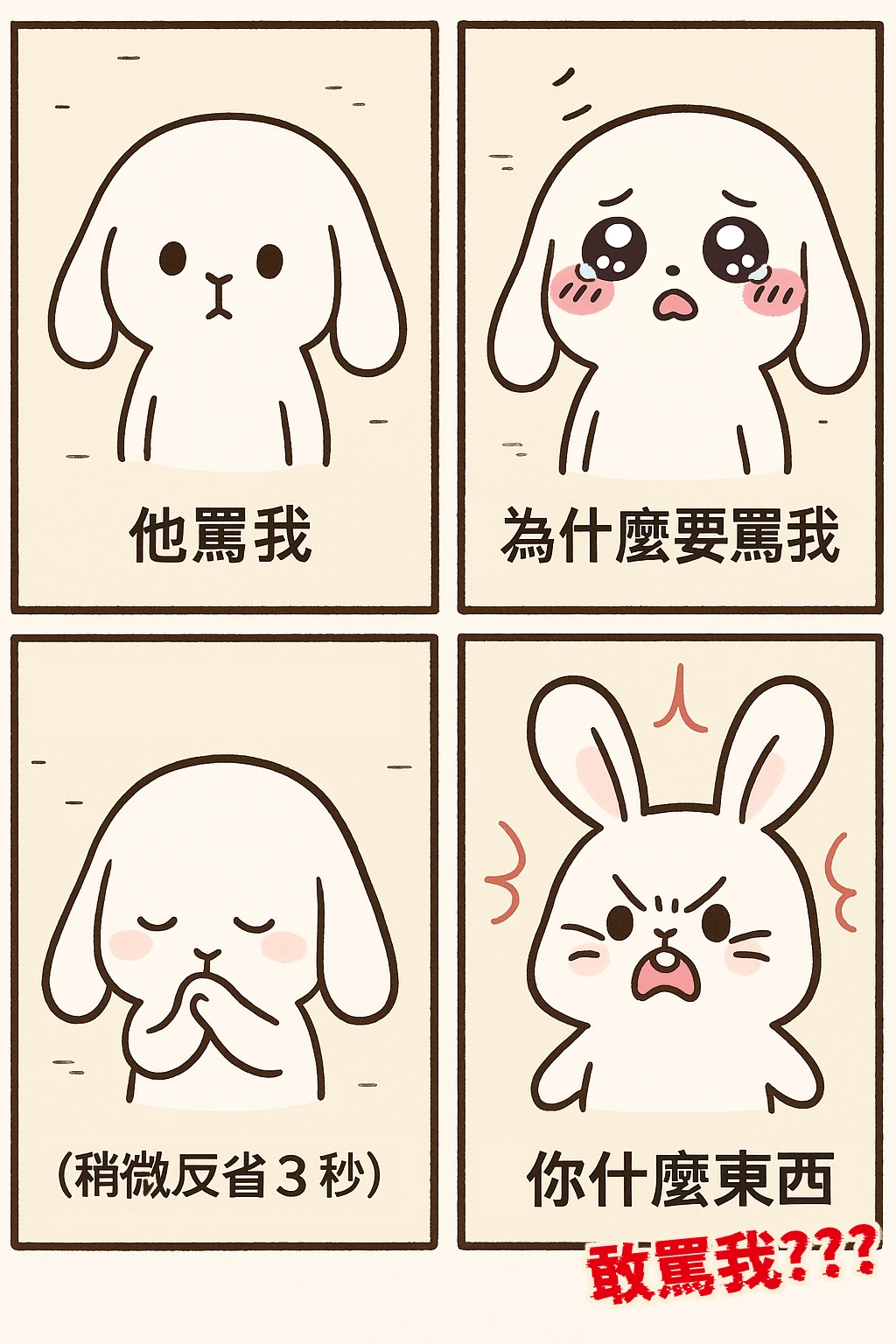 利用GPT做出的meme，一隻兔子被罵後先反省，然後迅速反應說你怎麼可以罵我