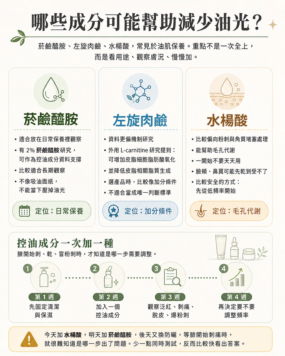 菸鹼醯胺、左旋肉鹼、水楊酸常被用在油肌保養。